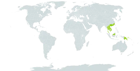 Abrus pulchellus subsp. mollis world distribution map, present in China, Indonesia, Cambodia, Lao People's Democratic Republic, Malaysia, Papua New Guinea, Thailand, and Viet Nam