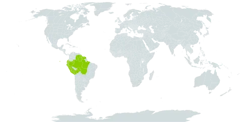 Abuta imene world distribution map, present in Bolivia (Plurinational State of), Brazil, Colombia, Ecuador, French Guiana, Guyana, Peru, Suriname, and Venezuela (Bolivarian Republic of)