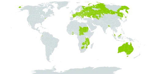 Aldrovanda vesiculosa world distribution map, present in Australia, Austria, Bangladesh, Bulgaria, Bosnia and Herzegovina, Belarus, Botswana, Central African Republic, Switzerland, China, Cameroon, Colombia, Czech Republic, Germany, Estonia, France, Ghana, Croatia, Hungary, Japan, Kazakhstan, Sri Lanka, Lithuania, Latvia, Monaco, Moldova (Republic of), North Macedonia, Montenegro, Mozambique, Malaysia, Poland, Korea (Democratic People's Republic of), Romania, Russian Federation, Rwanda, Sudan, Serbia, Slovakia, Slovenia, Chad, Timor-Leste, Tanzania, United Republic of, Uganda, Ukraine, United States of America, Uzbekistan, and Zambia