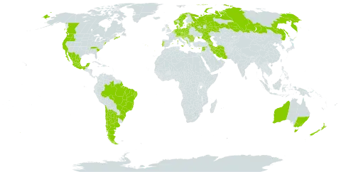 Aphanes arvensis world distribution map, present in Albania, Andorra, Argentina, Armenia, Australia, Austria, Azerbaijan, Belgium, Bulgaria, Bosnia and Herzegovina, Brazil, Canada, Switzerland, Chile, Cyprus, Czech Republic, Germany, Denmark, Spain, Estonia, France, United Kingdom of Great Britain and Northern Ireland, Georgia, Greece, Croatia, Hungary, Iran (Islamic Republic of), Israel, Italy, Lebanon, Liechtenstein, Lithuania, Luxembourg, Latvia, Mexico, North Macedonia, Montenegro, Netherlands, Norway, New Zealand, Poland, Portugal, Romania, Russian Federation, Serbia, Slovakia, Slovenia, Sweden, Syrian Arab Republic, Ukraine, and United States of America