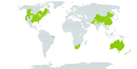 Arabidopsis thaliana world distribution map, present in Australia, Brazil, Bhutan, Canada, China, France, India, Nepal, New Zealand, Pakistan, United States of America, and South Africa