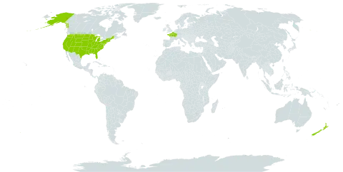 Athyrium filix-femina world distribution map, present in France, New Zealand, and United States of America