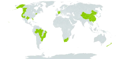 Azolla filiculoides world distribution map, present in Brazil, Canada, China, France, New Zealand, United States of America, and South Africa