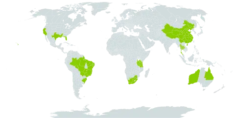 Ceratopteris thalictroides world distribution map, present in Australia, Brazil, China, Thailand, Tanzania, United Republic of, United States of America, and South Africa