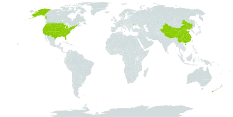 Cercis chinensis world distribution map, present in China, Georgia, New Zealand, Ukraine, and United States of America