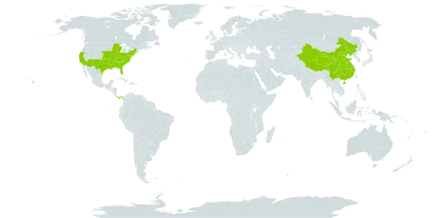 Clitoria world distribution map, present in China, Panama, and United States of America