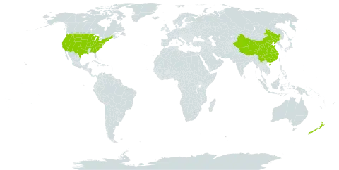 Conium world distribution map, present in China, New Zealand, and United States of America