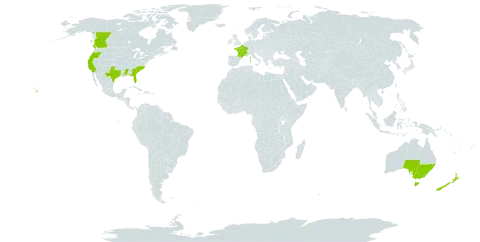 Crocosmia x crocosmiiflora world distribution map, present in Australia, Canada, France, New Zealand, and United States of America