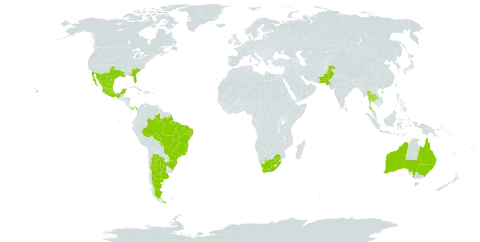 Dolichandra unguis-cati world distribution map, present in Argentina, Australia, Brazil, Mexico, Pakistan, Panama, Thailand, United States of America, and South Africa