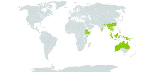 Eriosema chinense world distribution map, present in Australia, Bhutan, China, Ethiopia, Indonesia, India, Kenya, Cambodia, Lao People's Democratic Republic, Sri Lanka, Myanmar, Malaysia, Nepal, Philippines, Papua New Guinea, Thailand, and Viet Nam