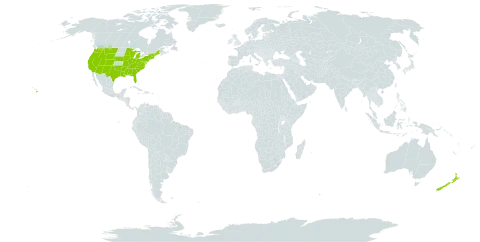 Frangula world distribution map, present in New Zealand and United States of America