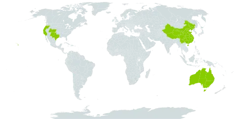 Frankenia world distribution map, present in Australia, China, and United States of America