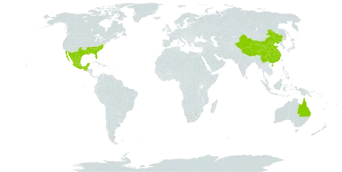 Gelsemium world distribution map, present in Australia, China, Guatemala, Mexico, and United States of America