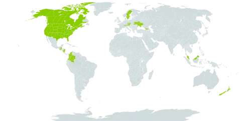 Glyceria striata world distribution map, present in Åland Islands, Austria, Canada, Switzerland, Colombia, Czech Republic, France, Micronesia (Federated States of), Georgia, Guatemala, Malaysia, Nicaragua, New Zealand, Sweden, Ukraine, and United States of America