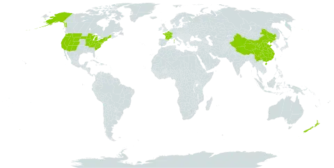 Luzula multiflora world distribution map, present in China, France, New Zealand, and United States of America