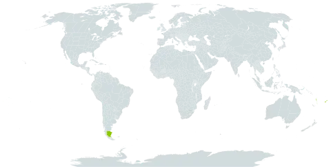 Melicytus fasciger world distribution map, present in Argentina, Fiji, and Vanuatu