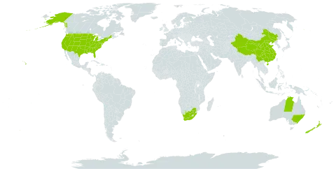 Myriophyllum world distribution map, present in Australia, China, New Zealand, United States of America, and South Africa