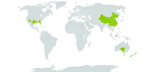 Nephrolepis world distribution map, present in Australia, China, New Zealand, and United States of America