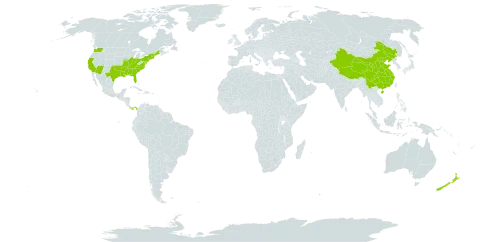 Nymphoides world distribution map, present in China, New Zealand, Panama, and United States of America