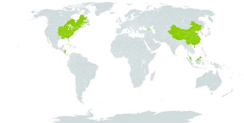 Panax quinquefolius world distribution map, present in Åland Islands, Canada, China, Micronesia (Federated States of), Georgia, Malaysia, Nicaragua, and United States of America