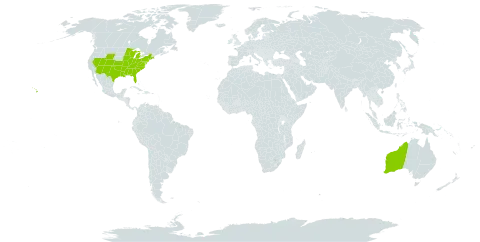 Parthenium world distribution map, present in Australia and United States of America