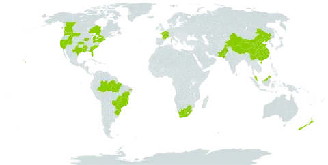 Petroselinum crispum world distribution map, present in Brazil, Canada, China, France, Malaysia, New Zealand, Pakistan, United States of America, and South Africa