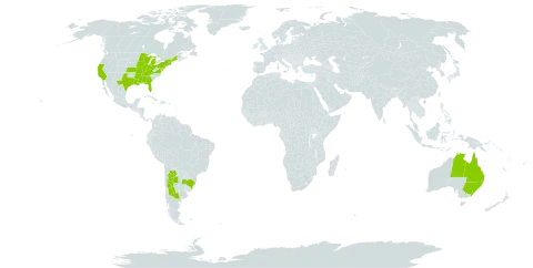 Petunia axillaris world distribution map, present in Argentina, Australia, Brazil, and United States of America