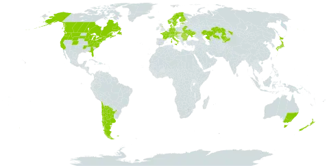 Pilosella aurantiaca subsp. aurantiaca world distribution map, present in Argentina, Australia, Austria, Bulgaria, Bosnia and Herzegovina, Belarus, Canada, Switzerland, Chile, Czech Republic, Germany, Denmark, Estonia, Finland, Falkland Islands (Malvinas), France, United Kingdom of Great Britain and Northern Ireland, Croatia, Italy, Japan, Kazakhstan, Kyrgyzstan, Norway, New Zealand, Romania, Saint Pierre and Miquelon, Slovakia, Slovenia, Sweden, Ukraine, and United States of America