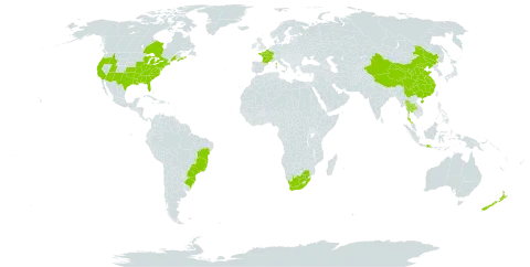 Prunus persica world distribution map, present in Brazil, Canada, China, France, Indonesia, New Zealand, Thailand, United States of America, and South Africa