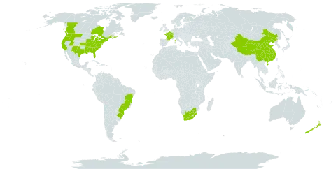 Pyrus communis world distribution map, present in Brazil, Canada, China, France, New Zealand, United States of America, and South Africa