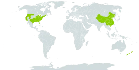 Pyrus world distribution map, present in China, New Zealand, and United States of America