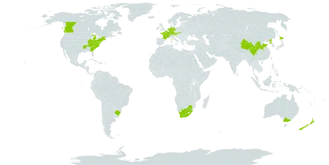 Rubus phoenicolasius world distribution map, present in Australia, Austria, Brazil, Canada, Switzerland, China, Germany, France, United Kingdom of Great Britain and Northern Ireland, Japan, Netherlands, New Zealand, Korea (Democratic People's Republic of), Slovakia, Slovenia, United States of America, and South Africa