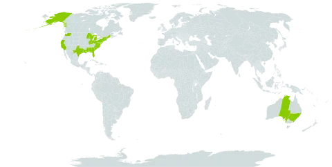 Sarracenia world distribution map, present in Australia and United States of America