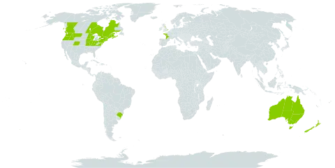 Silene dioica world distribution map, present in Australia, Brazil, Canada, France, United Kingdom of Great Britain and Northern Ireland, New Zealand, and United States of America