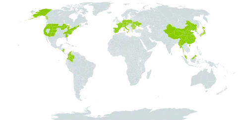 Streptopus world distribution map, present in Austria, Bulgaria, Switzerland, China, Colombia, Czech Republic, Germany, Spain, France, Micronesia (Federated States of), Italy, Japan, Myanmar, Malaysia, Nicaragua, Nepal, Poland, Korea (Democratic People's Republic of), Romania, Ukraine, and United States of America