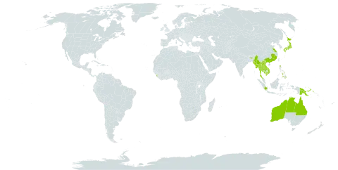 Utricularia minutissima world distribution map, present in Australia, China, Indonesia, India, Japan, Cambodia, Lao People's Democratic Republic, Sri Lanka, Myanmar, Philippines, Papua New Guinea, Singapore, Thailand, and Viet Nam