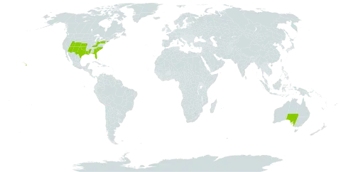 Zinnia world distribution map, present in Australia and United States of America